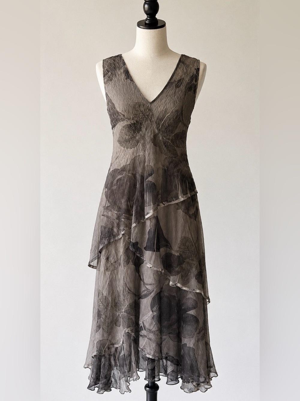 Komarov Crinkle Chiffon Floral Midi Dress Layered Asymmetrical Hem- Size M